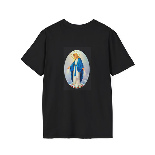 Religious T-Shirt — "Mi Trabajo Es Informar No Convencer" with Virgin Mary Back Print