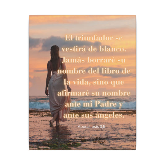 Canvas Wall Art — "El triunfador se vestirá de blanco" Spanish Bible Verse Sunset Scene
