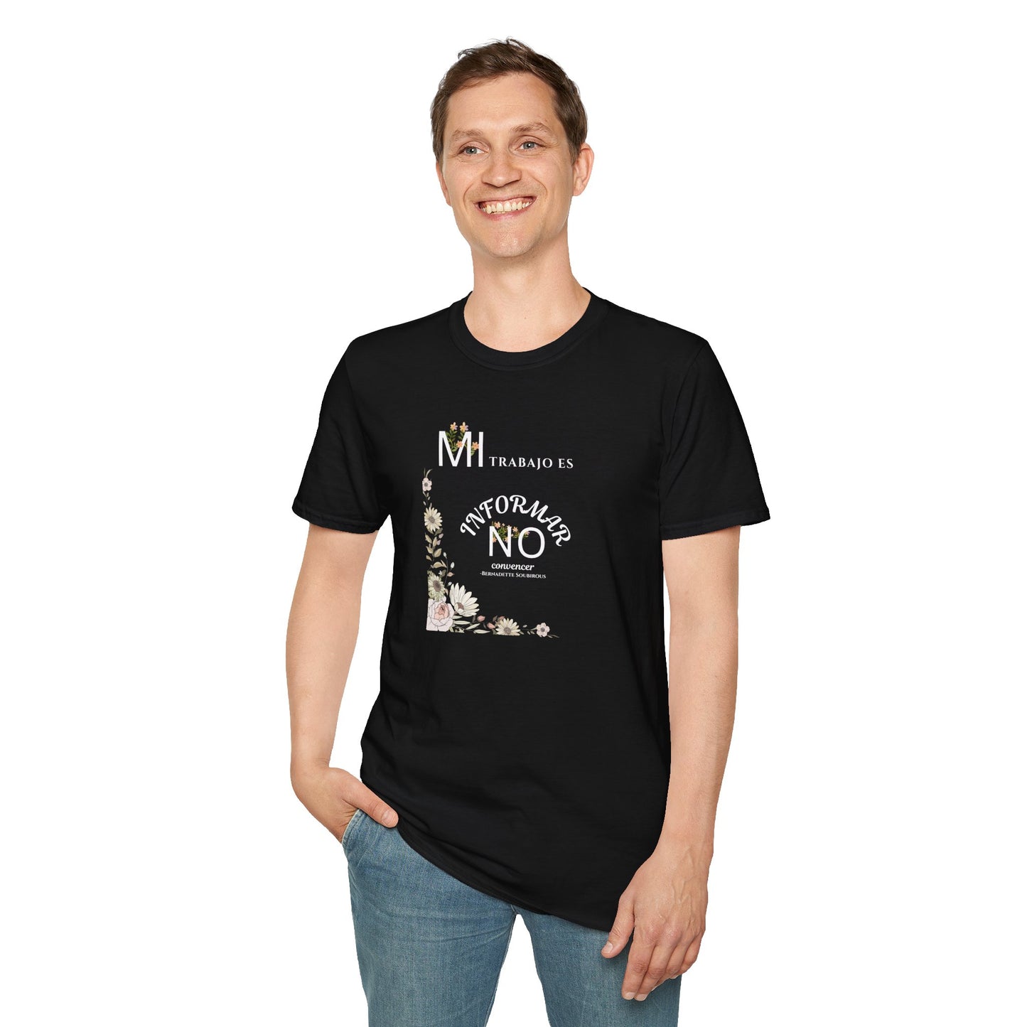 Religious T-Shirt — "Mi Trabajo Es Informar No Convencer" with Virgin Mary Back Print