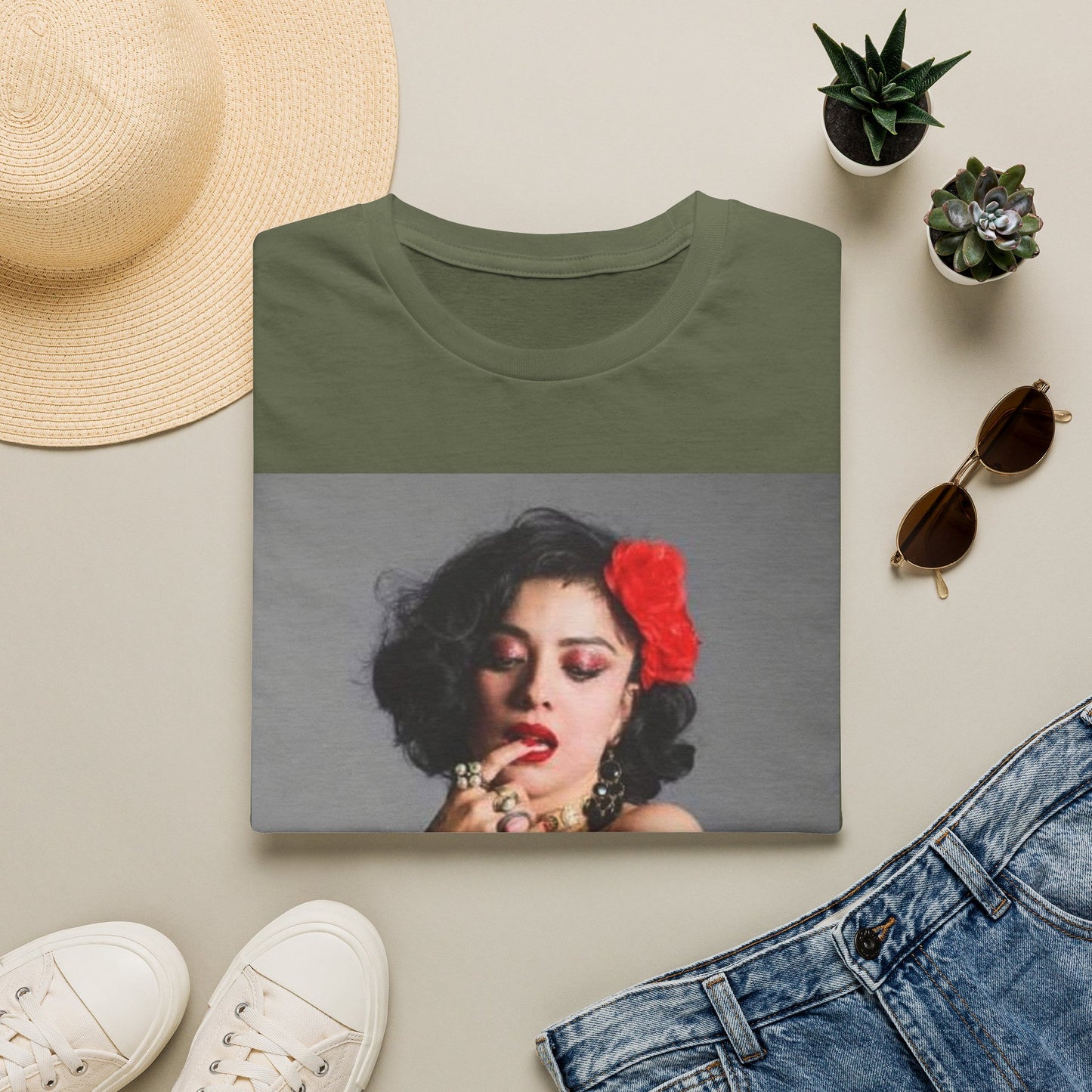 Vintage Pin-Up Portrait T-Shirt — Retro Floral Hair Rose Tee