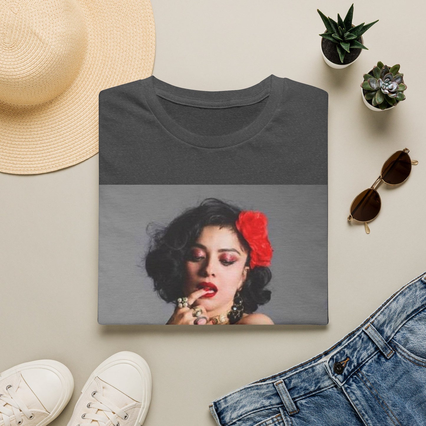 Vintage Pin-Up Portrait T-Shirt — Retro Floral Hair Rose Tee
