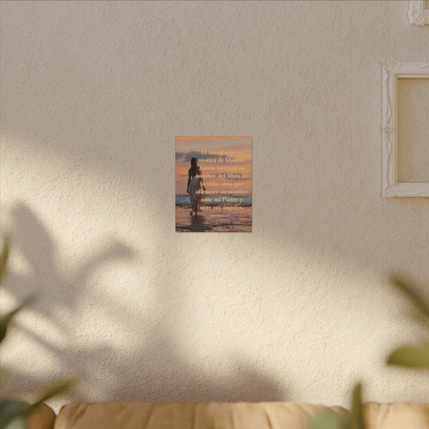 Canvas Wall Art — "El triunfador se vestirá de blanco" Spanish Bible Verse Sunset Scene