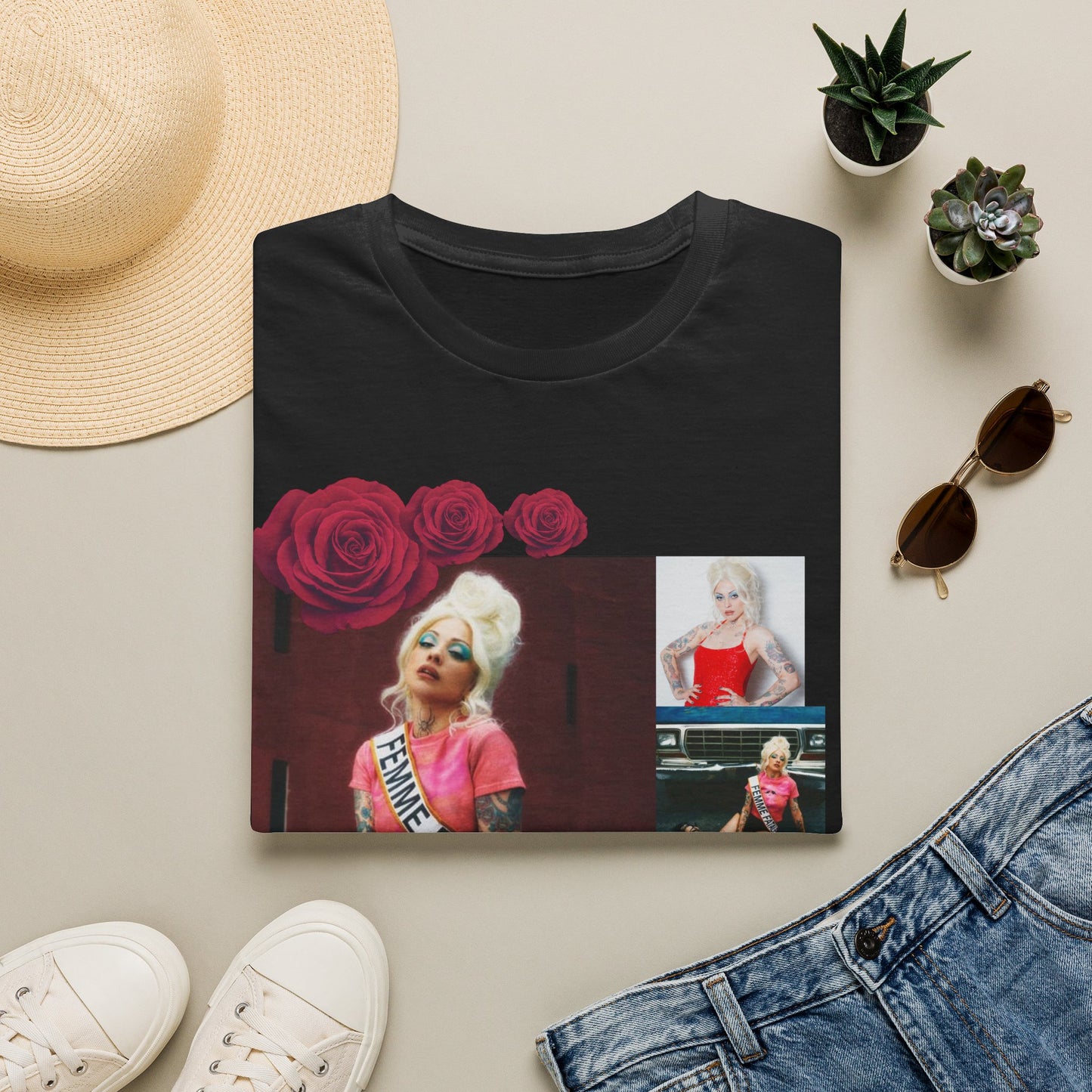 MonLaferte collection T‑Shirt — Roses & Sash Pop Art Tee