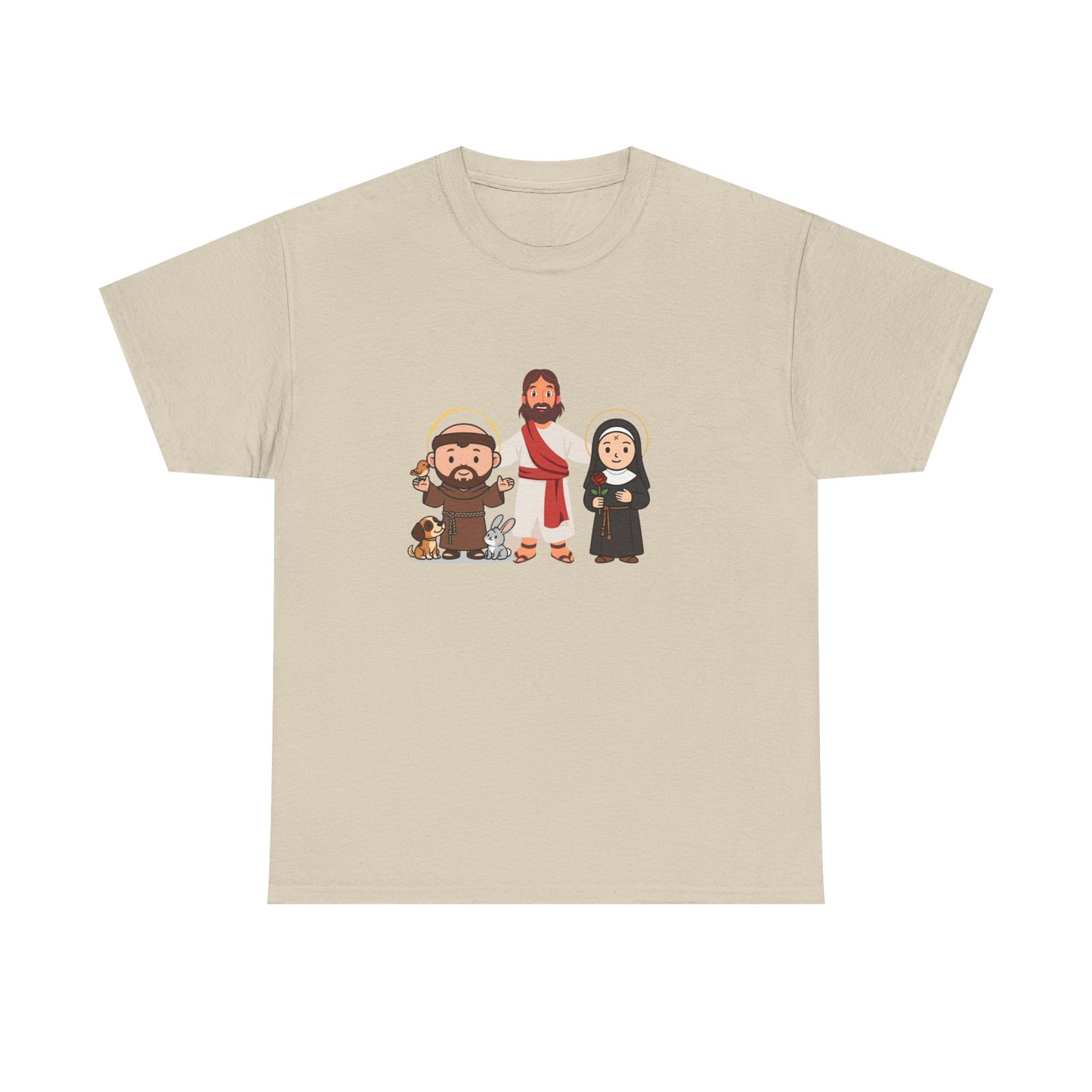 Christian Saints Cartoon Tee — Saint Francis, Jesus & Nun Graphic T‑Shirt