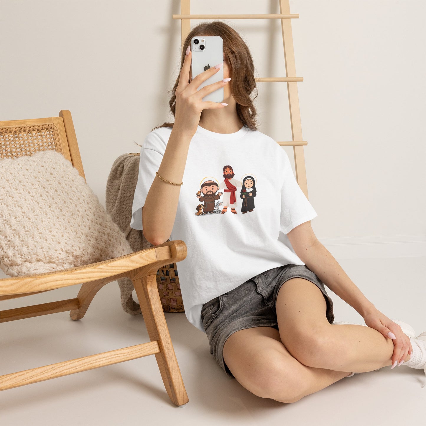 Christian Saints Cartoon Tee — Saint Francis, Jesus & Nun Graphic T‑Shirt