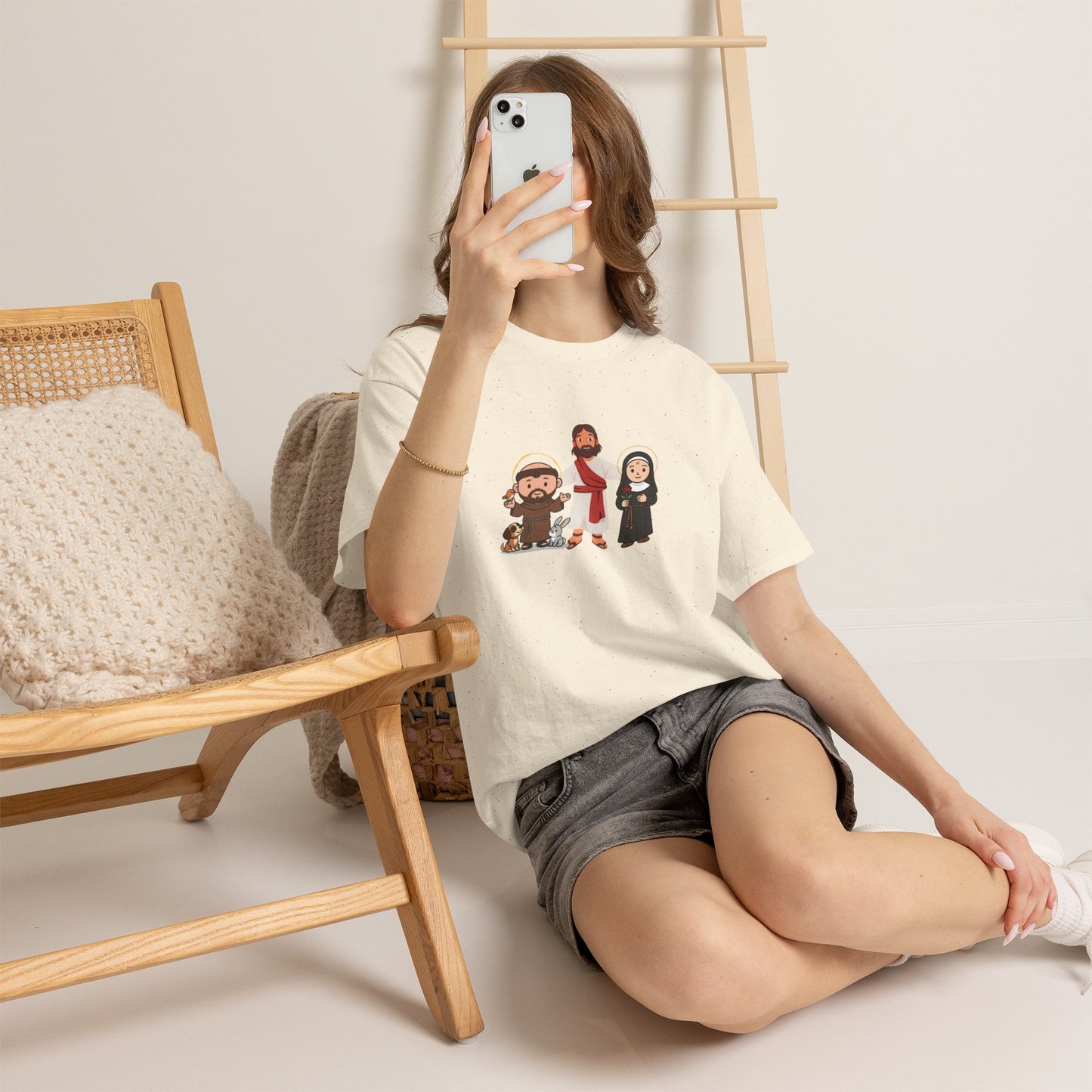 Christian Saints Cartoon Tee — Saint Francis, Jesus & Nun Graphic T‑Shirt