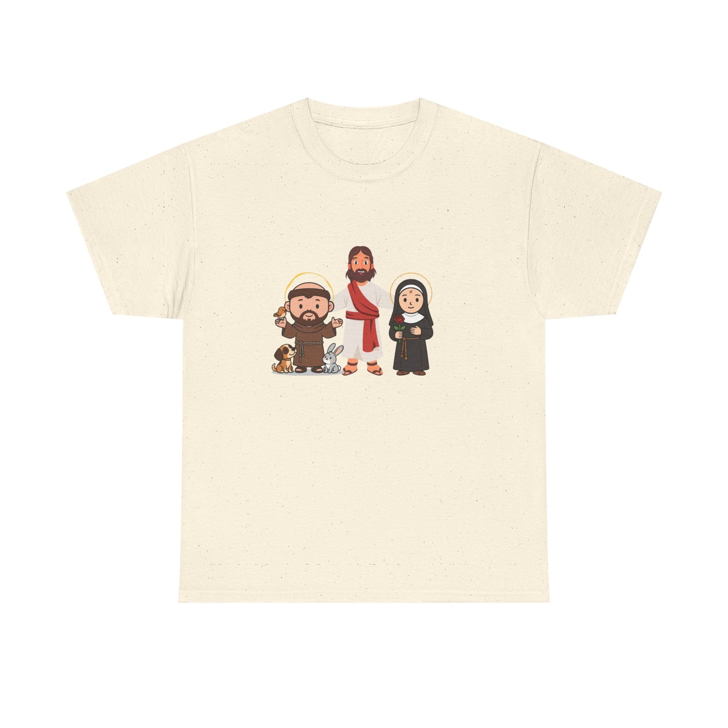 Christian Saints Cartoon Tee — Saint Francis, Jesus & Nun Graphic T‑Shirt