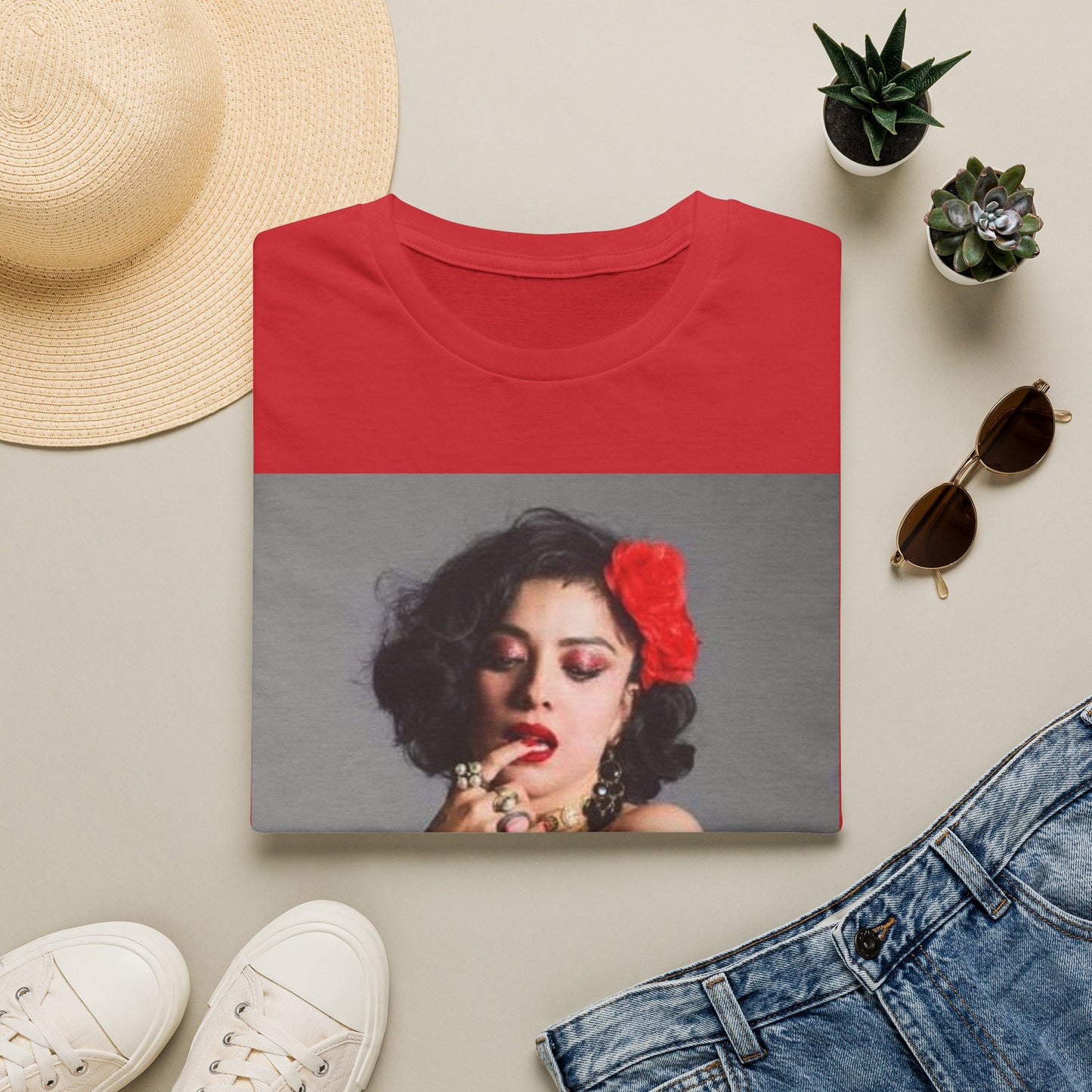 Vintage Pin-Up Portrait T-Shirt — Retro Floral Hair Rose Tee