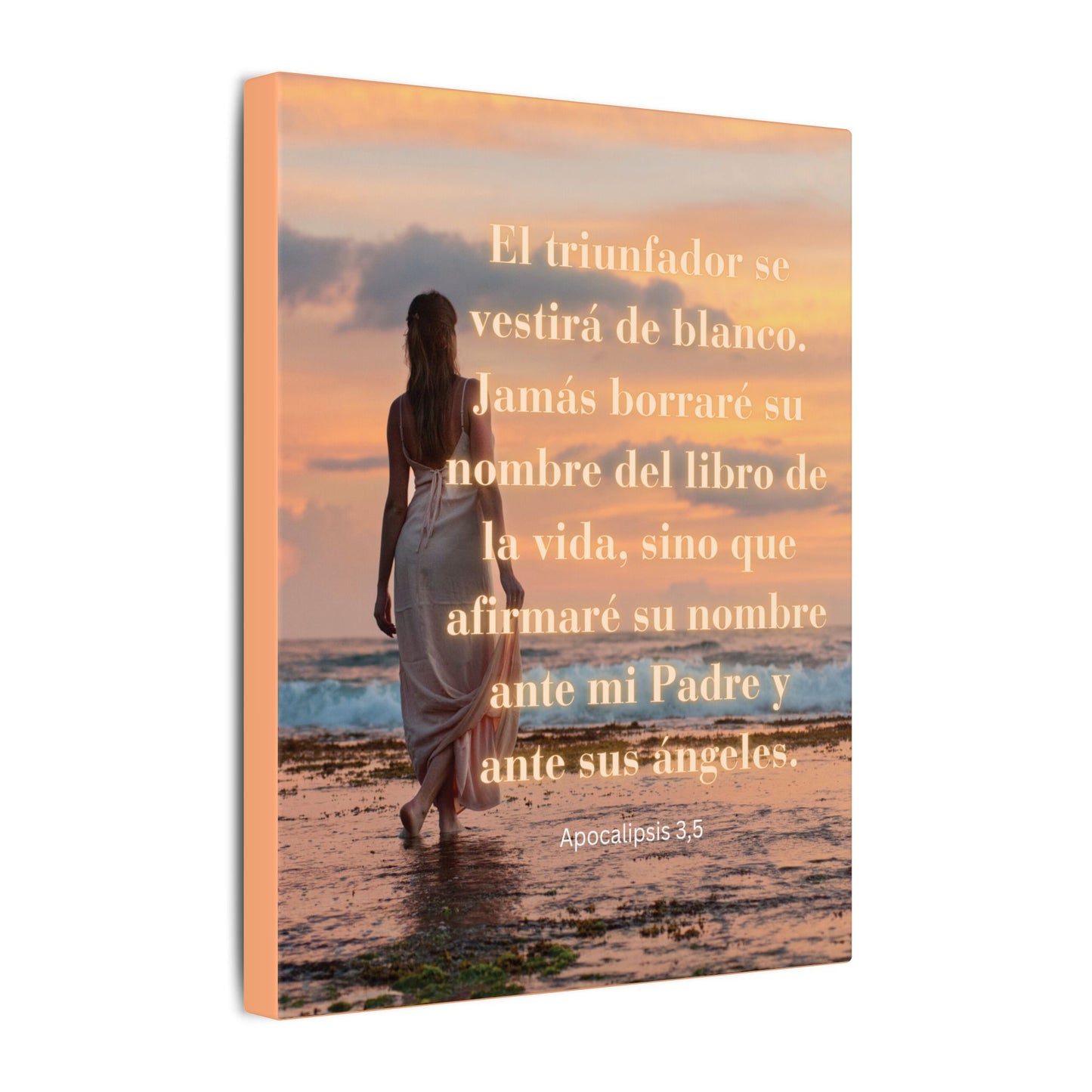 Canvas Wall Art — "El triunfador se vestirá de blanco" Spanish Bible Verse Sunset Scene