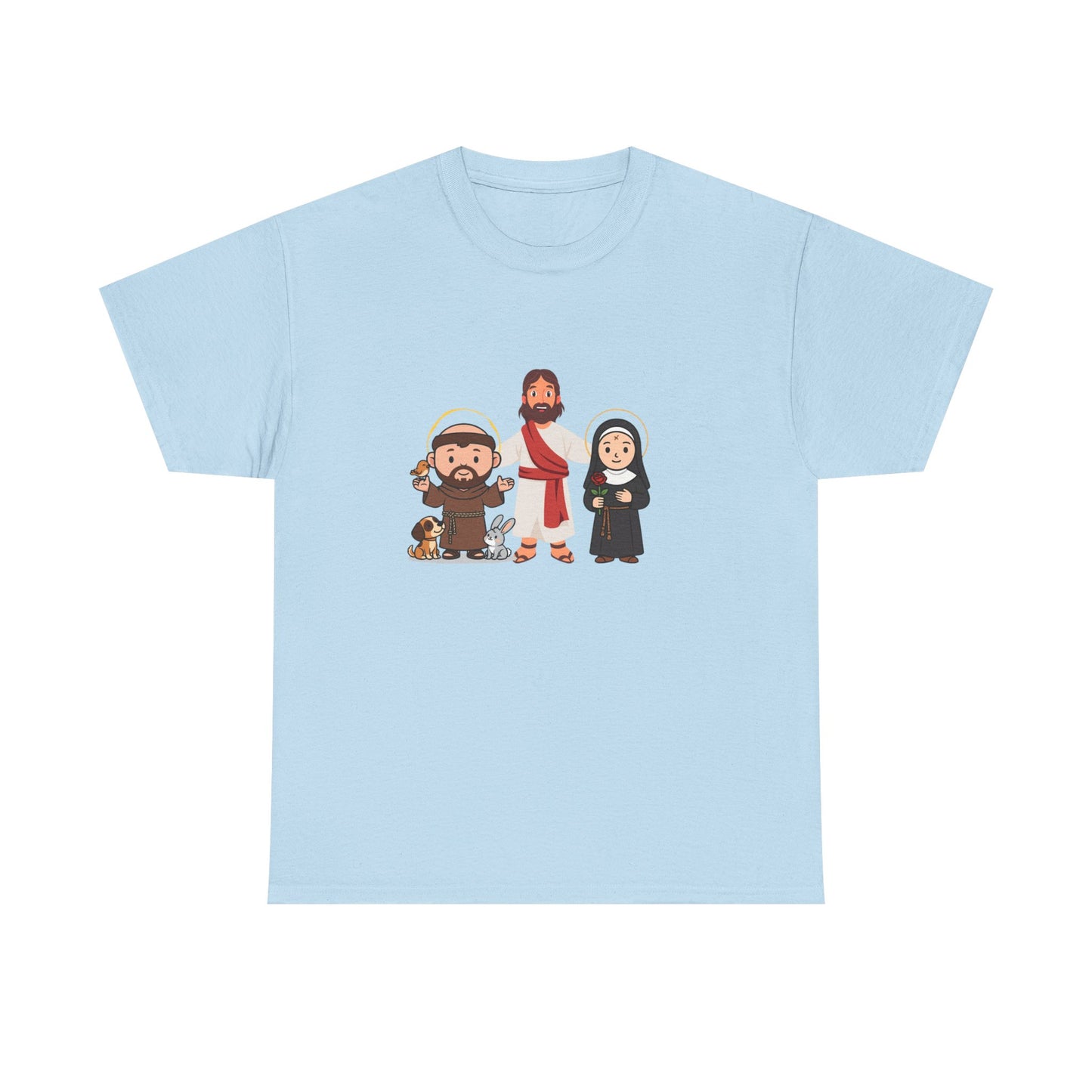 Christian Saints Cartoon Tee — Saint Francis, Jesus & Nun Graphic T‑Shirt