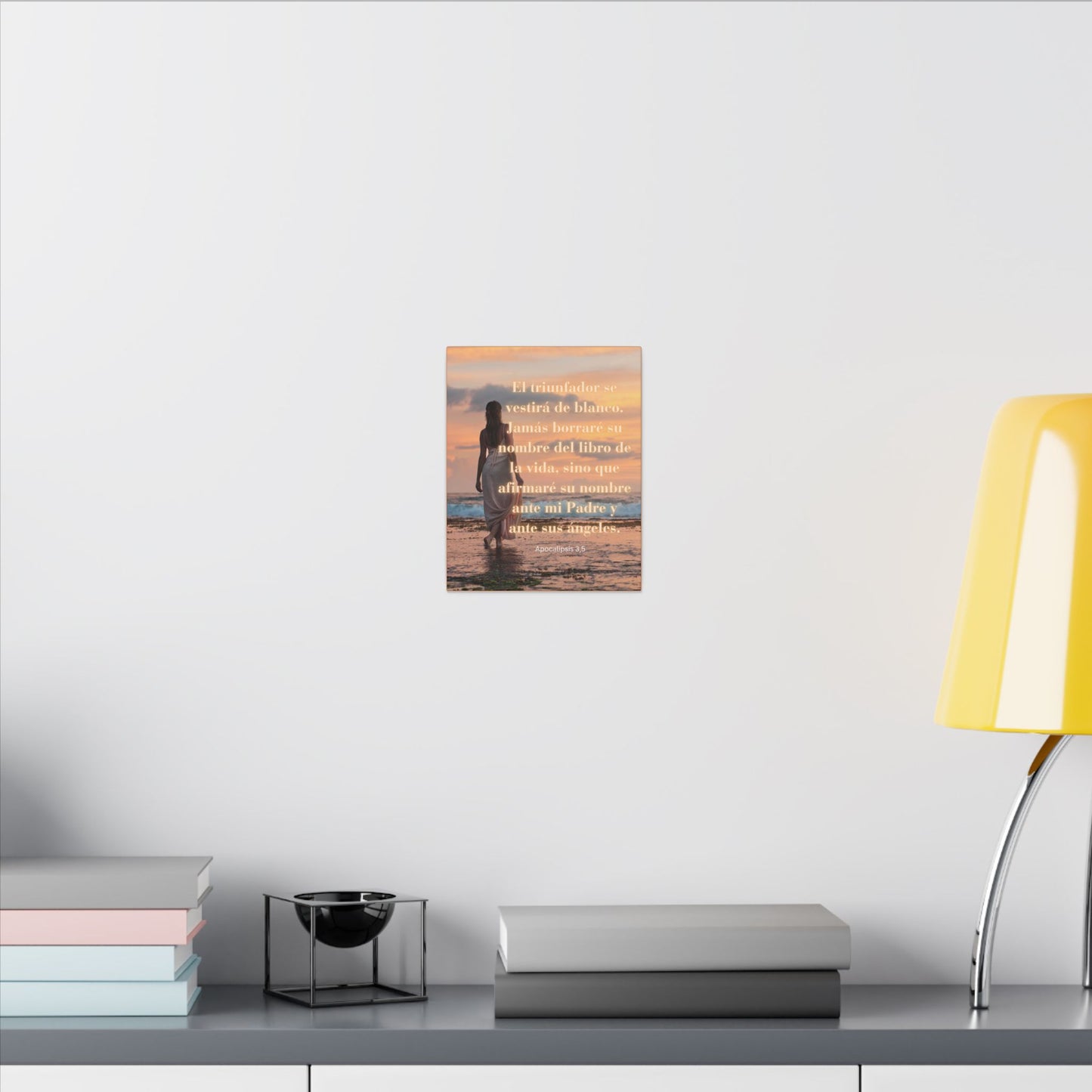 Canvas Wall Art — "El triunfador se vestirá de blanco" Spanish Bible Verse Sunset Scene