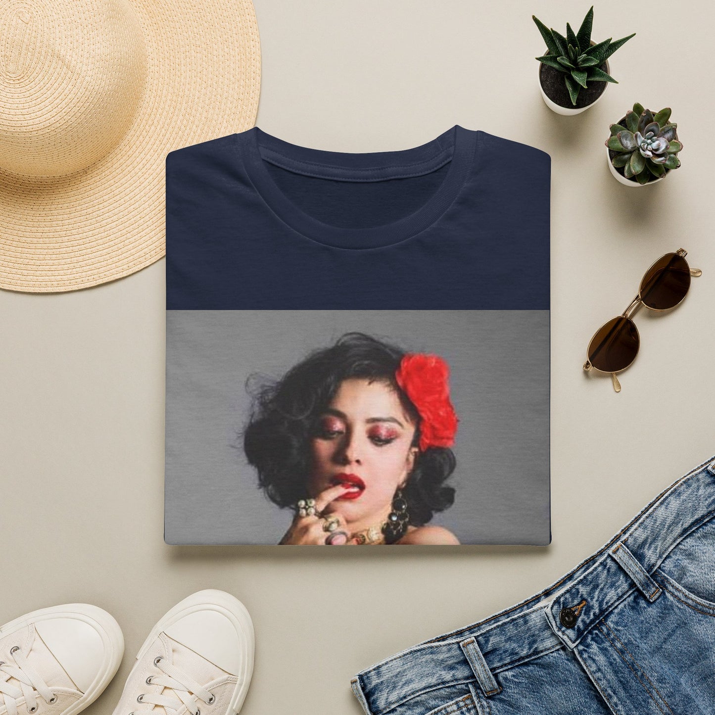 Vintage Pin-Up Portrait T-Shirt — Retro Floral Hair Rose Tee
