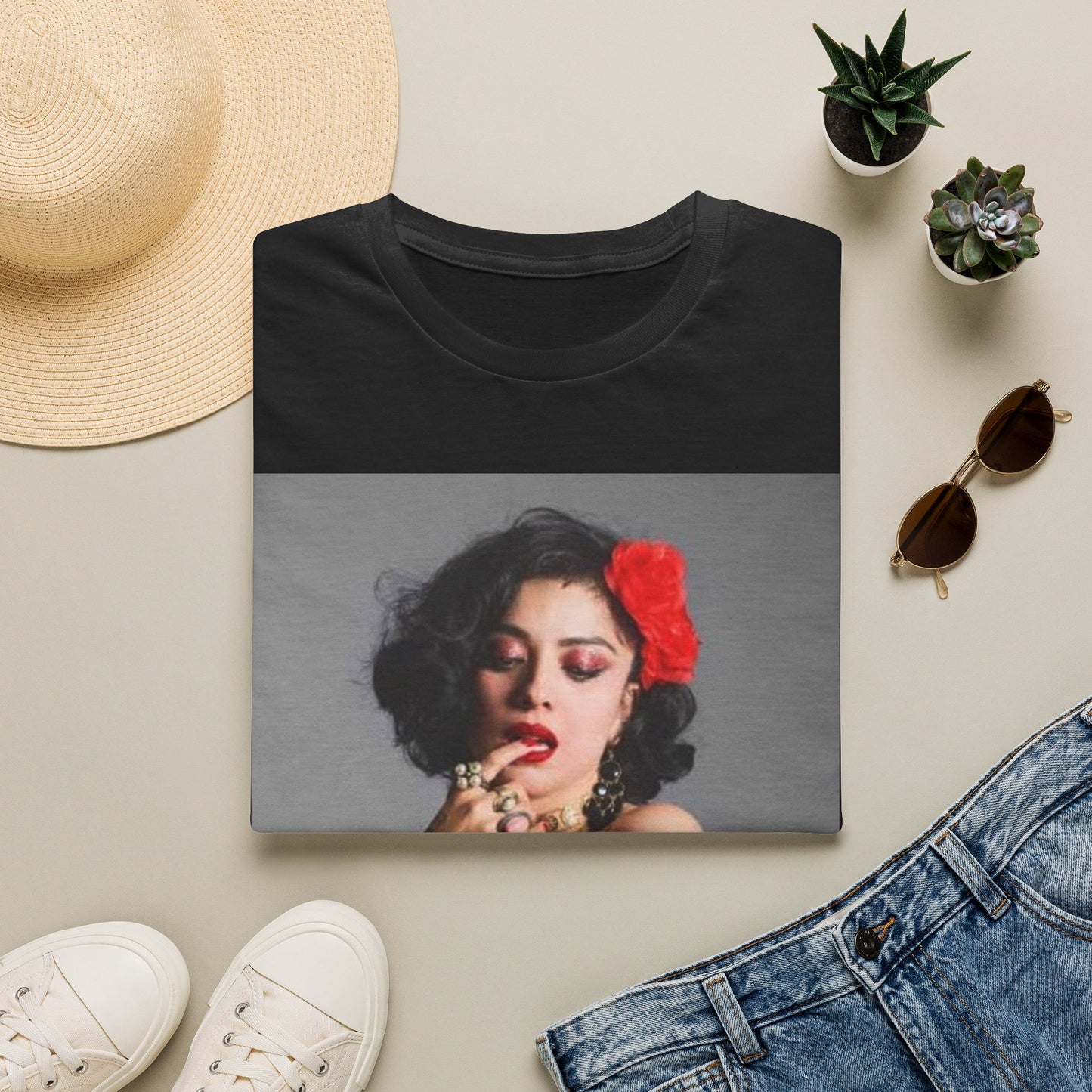 Vintage Pin-Up Portrait T-Shirt — Retro Floral Hair Rose Tee