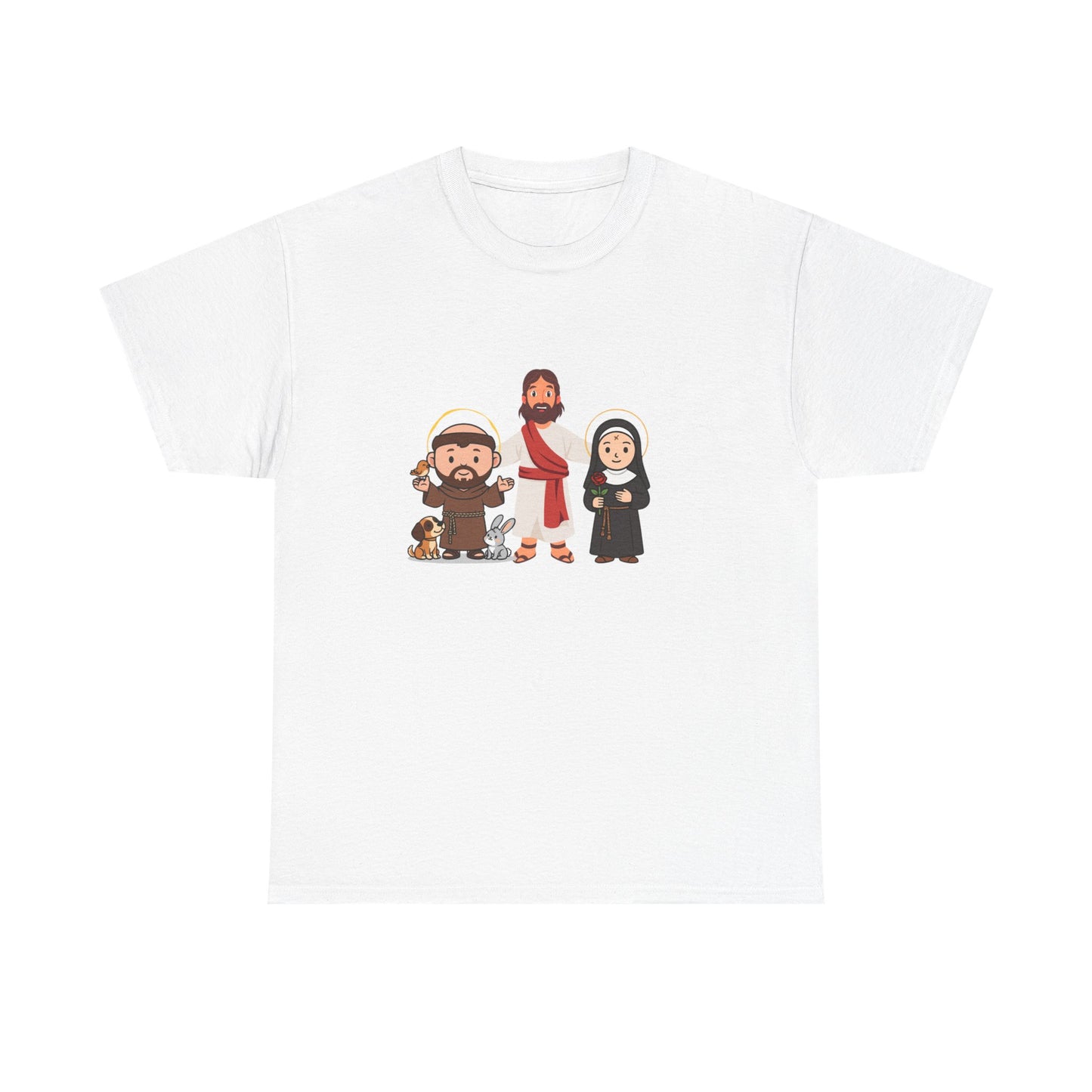 Christian Saints Cartoon Tee — Saint Francis, Jesus & Nun Graphic T‑Shirt