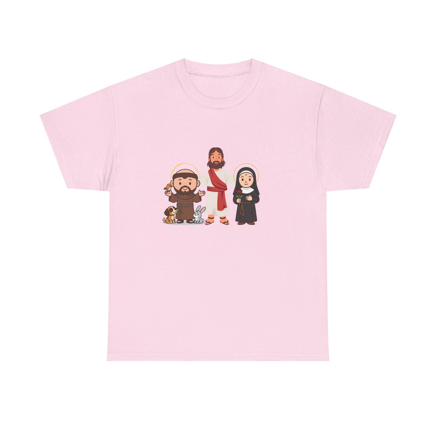 Christian Saints Cartoon Tee — Saint Francis, Jesus & Nun Graphic T‑Shirt