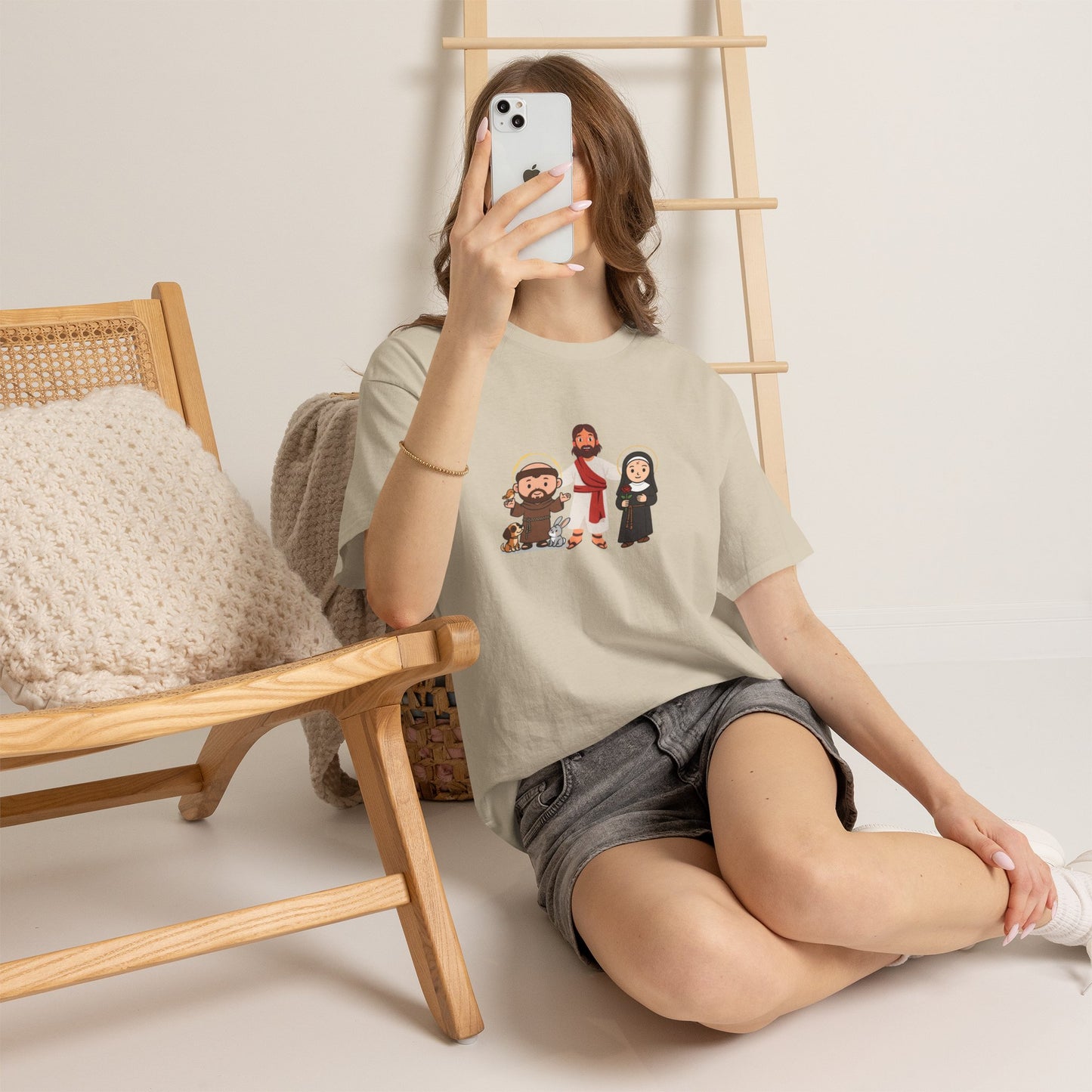 Christian Saints Cartoon Tee — Saint Francis, Jesus & Nun Graphic T‑Shirt