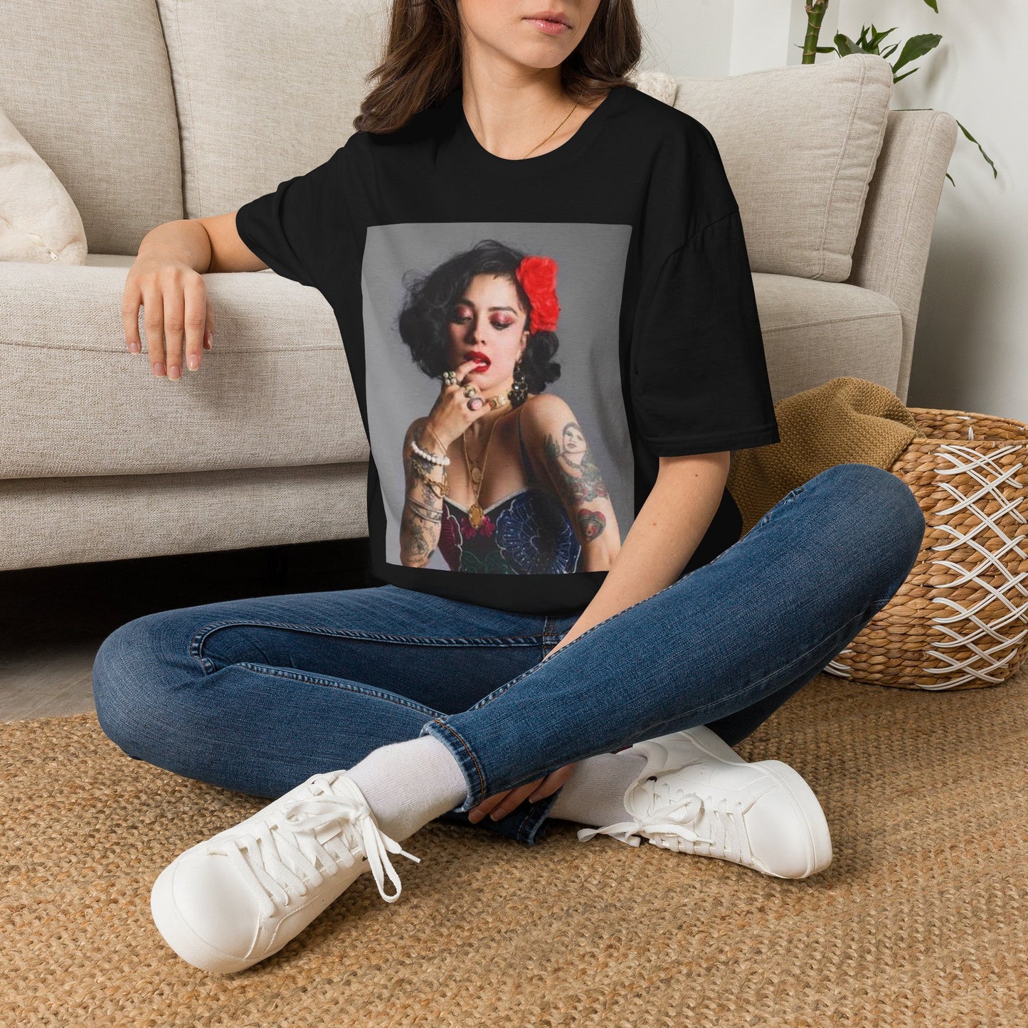 Vintage Pin-Up Portrait T-Shirt — Retro Floral Hair Rose Tee