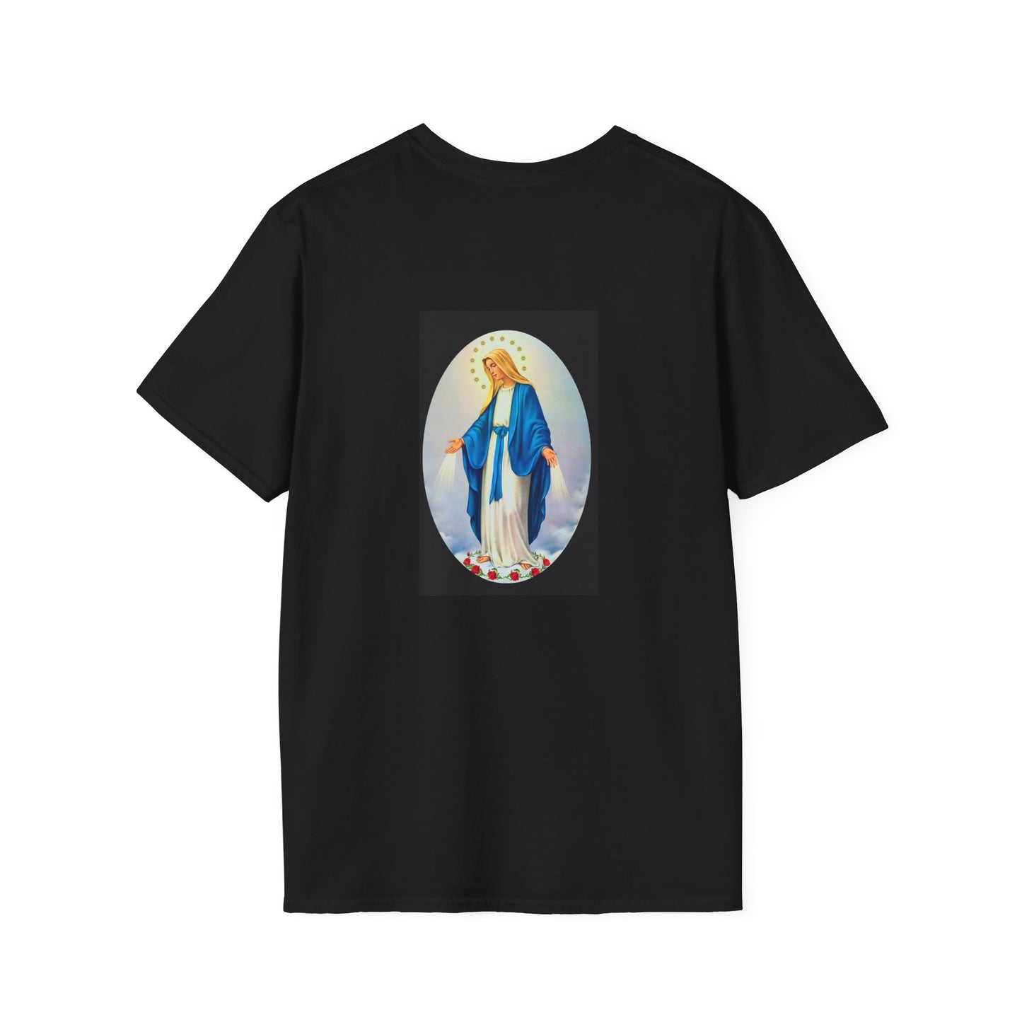 Religious T-Shirt — "Mi Trabajo Es Informar No Convencer" with Virgin Mary Back Print
