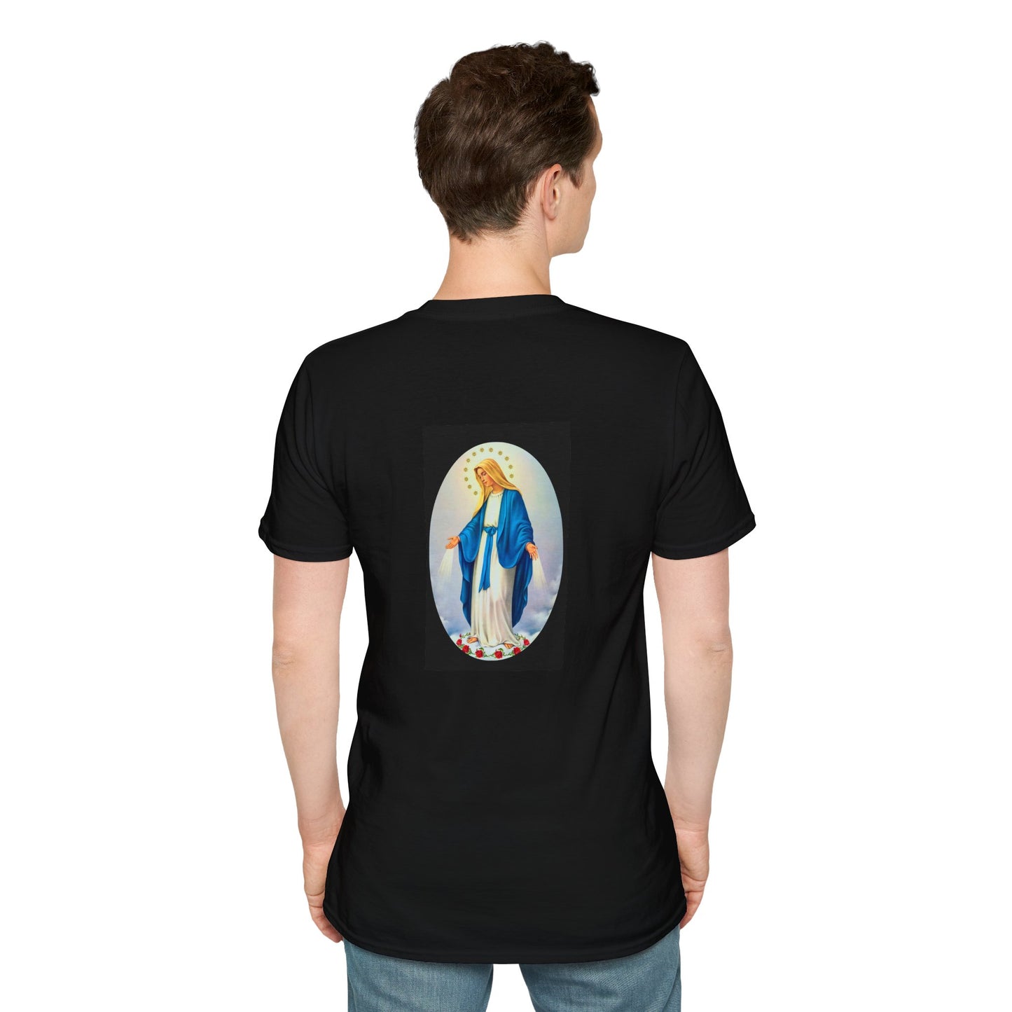 Religious T-Shirt — "Mi Trabajo Es Informar No Convencer" with Virgin Mary Back Print